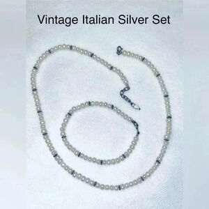 Vintage  Italian Sterling Silver set of necklace &bracelet with a real Pearls 🌸